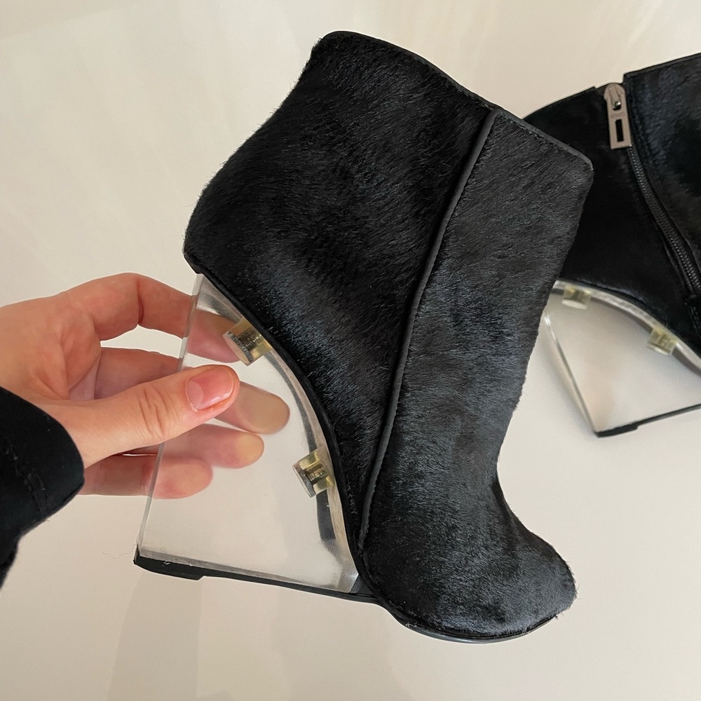 SCHUTZ fur real cowhide boots black booties clear heel pumps sandals